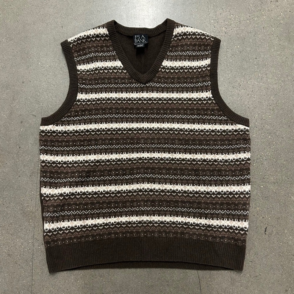 Vintage Fair Isle Wool V Neck Sweater Vest Brown Men's Jos. A. Banks Large